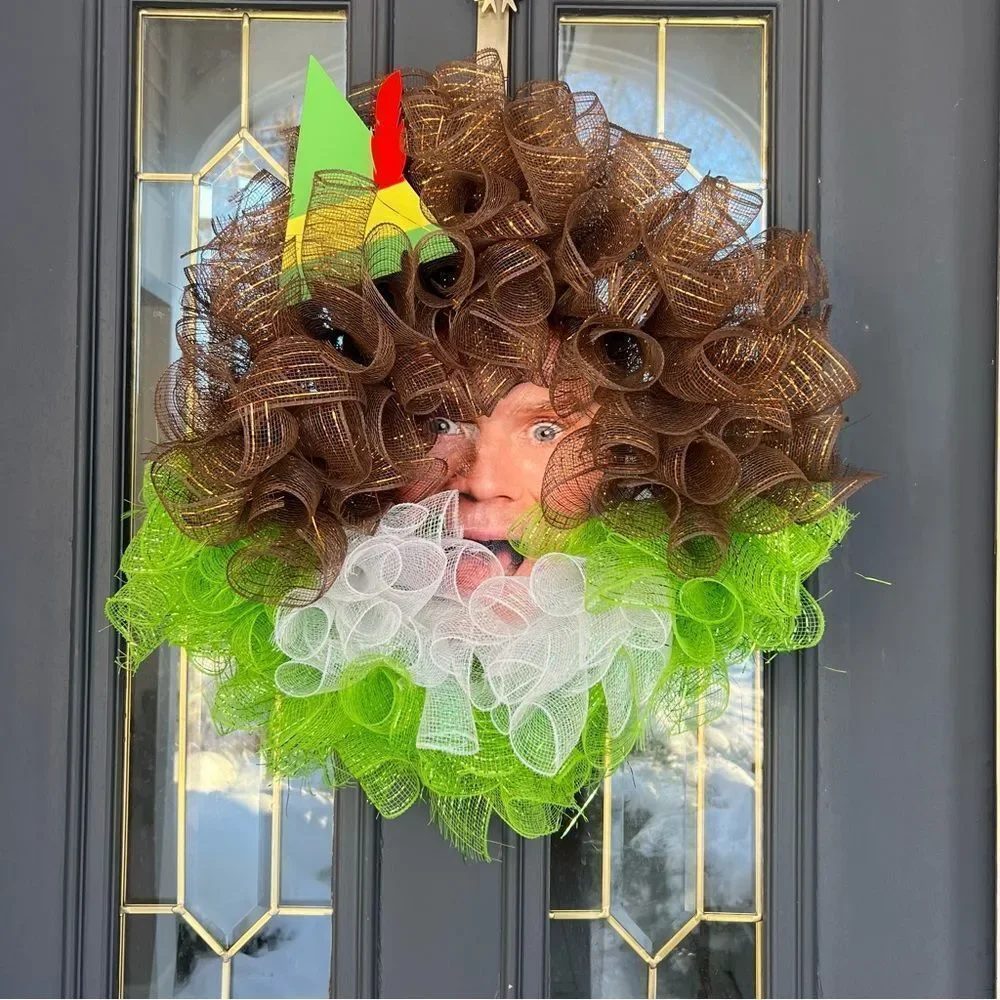 Buddy the Elf Festive Mesh Christmas Door Wreath with Green and Brown Accents